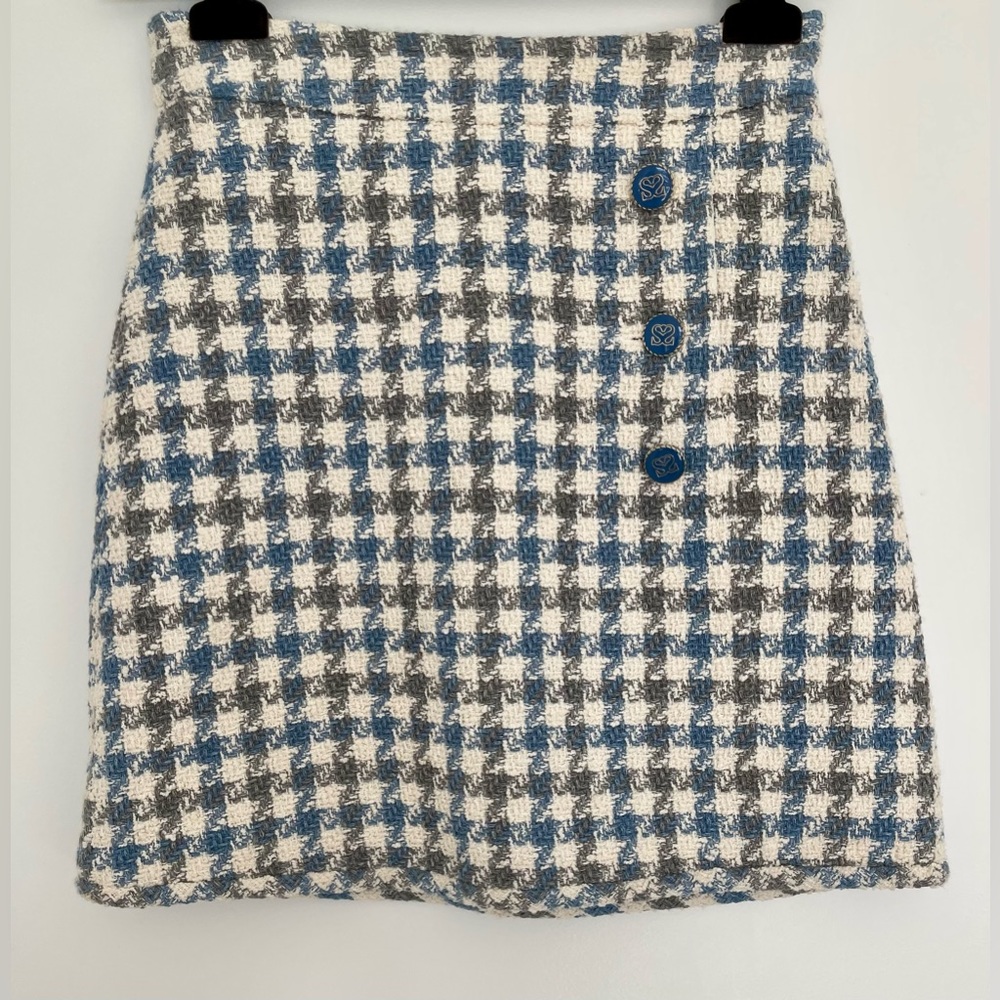 Sandro Calia Houndstooth High Waisted Tweed Mini Skirt in Light Blue